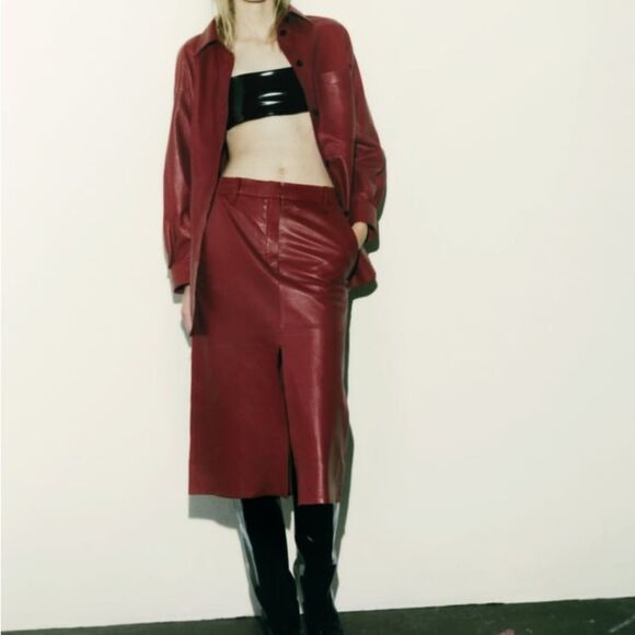 NWT ZARA STUDIO 2023 red fall GENUINE LEATHER MIDI SKIRT LIMITED EDITION SZ L - Picture 1 of 11
